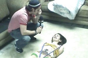 Petite Latina chick Roxanne is restrained in perverted homemade fuck movie scene