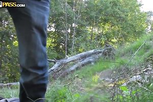 Busty non-professional dirty slut wife sucks and rubs a dude's wang in the forest
