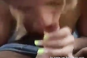 Lusty blonde haired slut sucks staff pens of one stranger outdoors