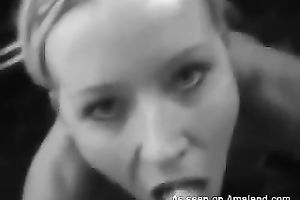 Lusty blonde haired slut sucks staff pens of one stranger outdoors