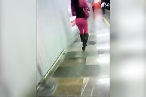Bootyful ladyman chick in pink panties walking in public