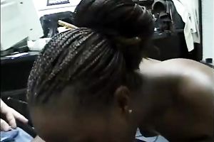 African slut with large lips blows white wang and takes messy facial