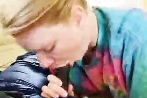 This golden-haired slut sucks my dark schlong like there's no the next day