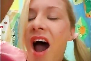 Adorable blond legal age teenager with pigtails enjoys great anal