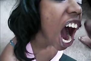 Nasty swarthy harlot enjoys having her face ejaculated on