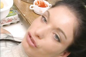 Ardent anal banging in the kitchen with skinny dark brown honey