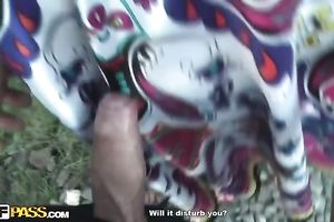 POV movie scene with an dilettante dark brown engulfing a weenie on the railway