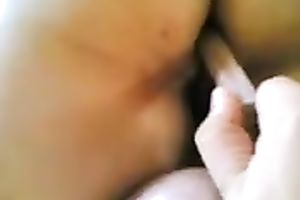 Petting my bootyful BBW wife's chocolate hole with petite marital-device