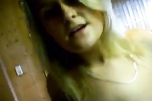 Pretty and corpulent golden-haired cutie flashes her bazookas to tempt me