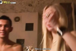 Two perverted beauties show their irrumation skills to a fellow at a party