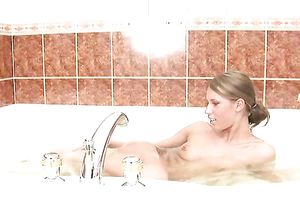 Sassy golden-haired beauty with skinny body masturbates in the washroom