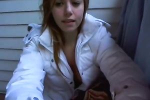 Sensual brown-haired legal age teenager rubs her fur pie to agonorgasmos in web camera solo vid