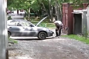 Sveta changes her garments in the street after peeing her panties