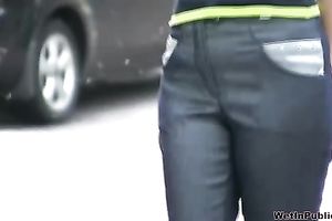 Sveta changes her garments in the street after peeing her panties