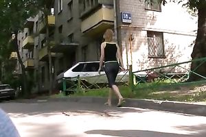 Sveta changes her garments in the street after peeing her panties