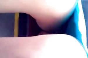 Girl in blue costume has a hawt legs - hidden livecam at the bus