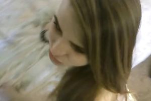 Slutty blond beauty with great shapes sucks hard 10-Pounder like a pro