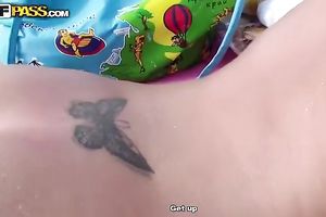 Amateur blond lets a fellow play with her holes on a beach