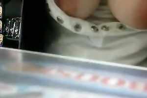 Bosomy pale bodied girlfriend flashes her mangos at the store