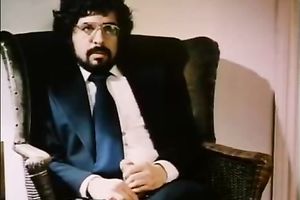 Hot brunette hair milf masturbates in front of a chunky man