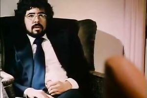 Hot brunette hair milf masturbates in front of a chunky man