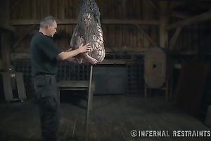 Salacious blondie bounded with fishnet receives her coochie toyed