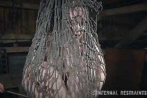 Salacious blondie bounded with fishnet receives her coochie toyed
