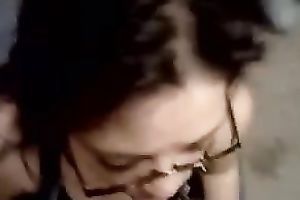 Petite brunette hair girlfriend in glasses blows jock for facial