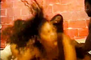 Foursome with perverted and slim dark babes in their bedroom