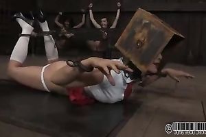 Cute white bitch in knee socks wearing a head box is tortured