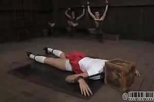 Cute white bitch in knee socks wearing a head box is tortured