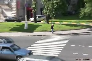 Irina soaks her jeans whilst walking down the city