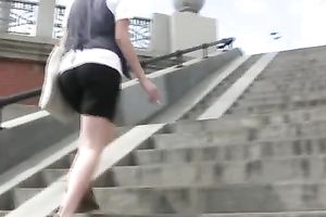 Kristina pees in her taut jeans in a public place