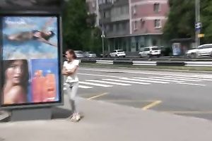Kristina pees in her taut jeans in a public place