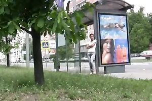 Kristina pees in her taut jeans in a public place