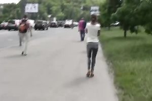 Kristina pees in her taut jeans in a public place