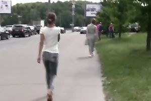 Kristina pees in her taut jeans in a public place