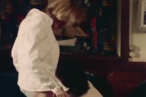 Bosomy retro golden-haired sucks a shaft previous to taking it in her coochie