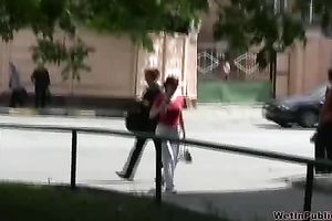 Tanya makes a puddle in a public place in urinate fetish movie