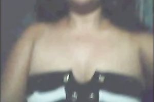 Chubby Asian dilettante white wife flashes her large saggies on cam