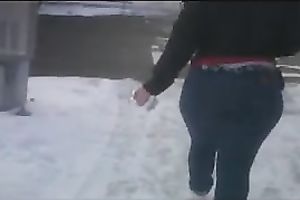 Winter spy livecam movie scene with a big-assed woman wearing jeans