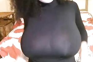 Curly haired breasty brunette hair on web camera shows her majestic billibongs