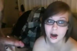 Saucy brunette hair seductress sucks her BF's cock on web camera