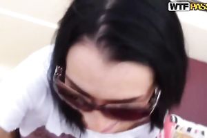 Amateur brunette hair smokes on a yacht and gives a priceless oral
