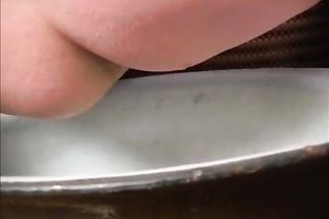 BUty cute brunette hair chick acquires nude and pees on pot as that babe rubs her fanny