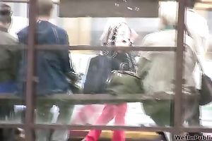 Public pissing fetish solo episode with lewd golden-haired Kate