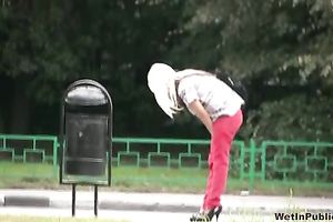 Public pissing fetish solo episode with lewd golden-haired Kate