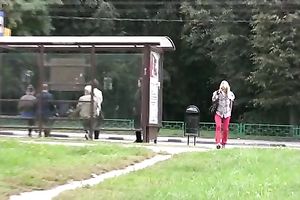 Public pissing fetish solo episode with lewd golden-haired Kate