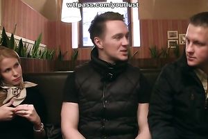 Slutty golden-haired chick pleases 2 hawt fellows on the billiard table