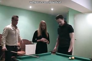 Slutty golden-haired chick pleases 2 hawt fellows on the billiard table